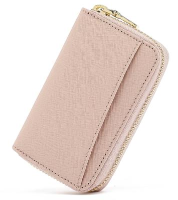 [Honig&Blau] Damen-Faltenbalg-Kartenetui, Echtes Leder, YKK Reißverschluss, Anti-Skimming, Münzfach, Kartenfächer (Gräulich-Rosa)