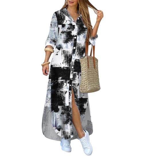 Fashion Women Long Sleeve Slitting Hem Pockets Single-breasted Maxi Shirt Dress