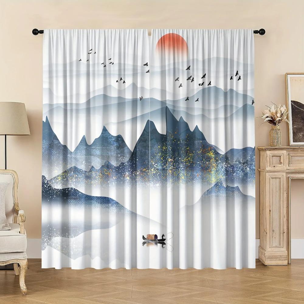 2pcs, Chinese Mountain Lnk Painting Print Curtain,Rod Pocket Mount,Polyester Material For Living Room Bedroom Kitchen Free Ship