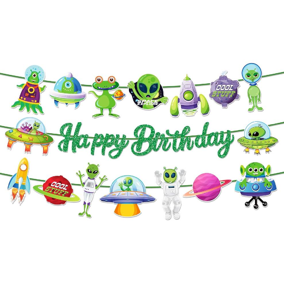 3Pcs Alien Happy Birthday Banners Space UFO Cutout Theme Banner Space UFO Cutout Birthday Party Banner Sign for Alien Baby Shower Partys Supplies
