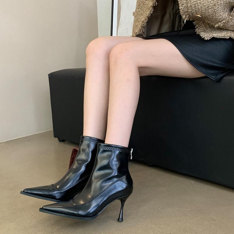 Fashion Women's  Soft Leather Pointed Toe Thin High Heel Shoes Sexy Autumn Winter Shoes Women Dress Warm Wedding Ankle Boots