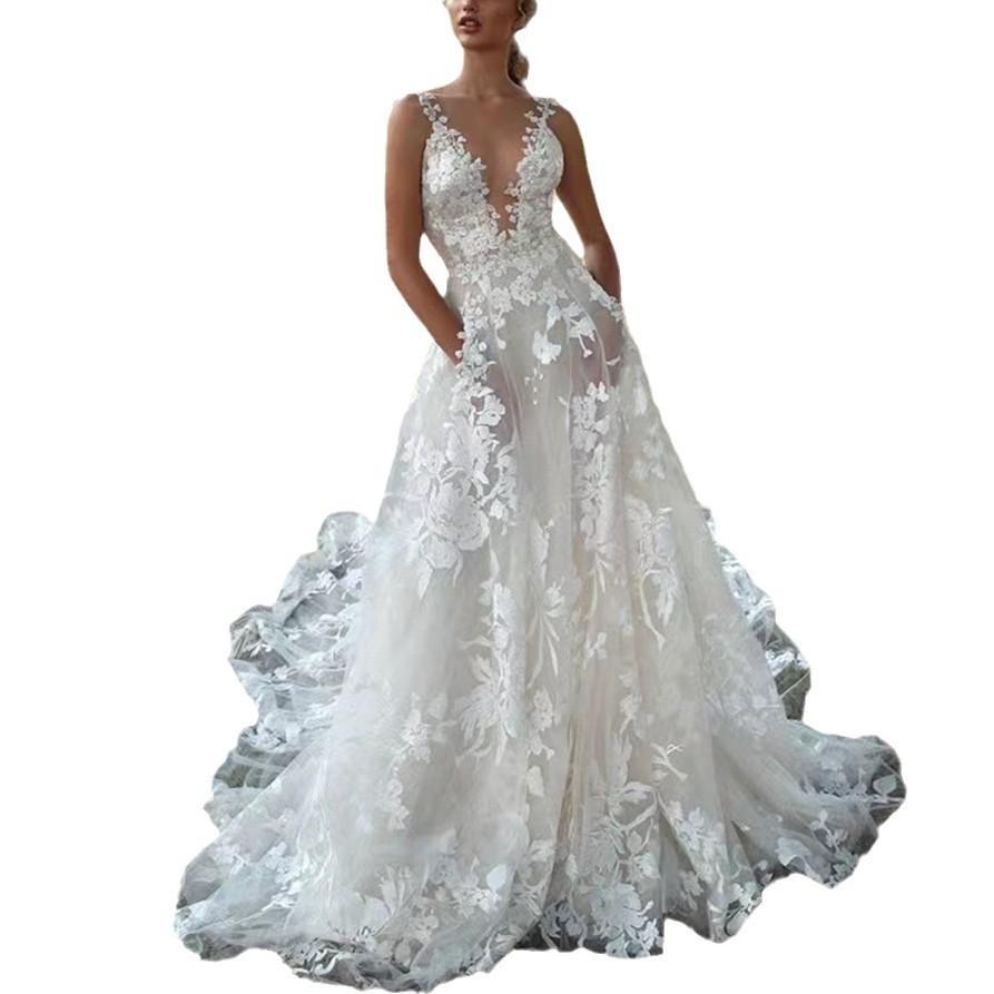 2025 Damenkleid Spitze Brautkleid Sexy Weiß Hosenträger Brautjungfernkleid