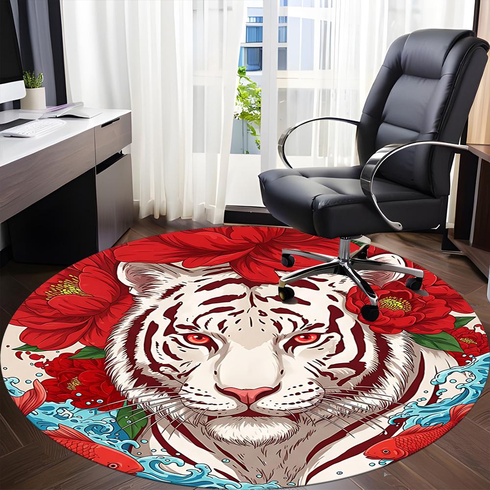 1pc Tiger Floral Pattern Chair Carpet for Office, Round Non-Slip Durable Large Size Office Carpet, Suitable for Office, Beautiful Decoration