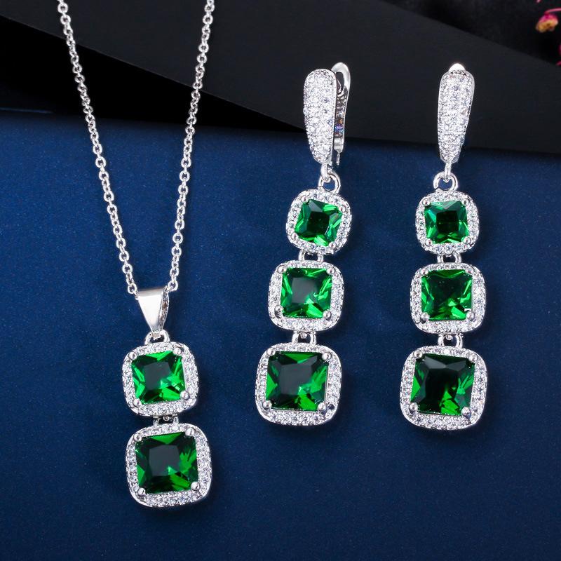 

Ki0093 Simple Square Zircon Jewelry, Earrings, Pendant, Two-Piece Set, Color Retention зелёный