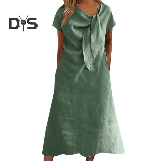 

Женское платье миди с декорированным воротником и бретельками, платье с коротким рукавом, однотонное свободное летнее повседневное платье S зелёный