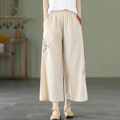 Fashion Women Embroidery High Waist Oversized Pants Summer Cotton Hemp Thin Elastic Loose Wide Leg Casual Straight Trousers