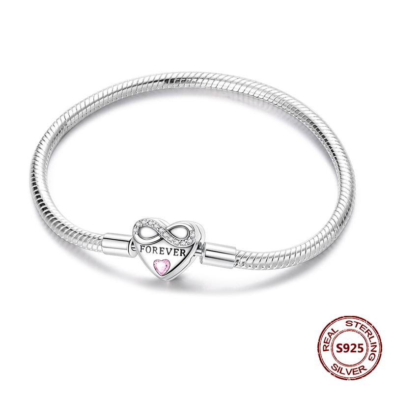 Pink Love Heart Silver 925 Bracelet Original Bracelets Zircon Cat Paw Snake Chain For DIY Charms 17-20CM Wedding Jewelry Gifts