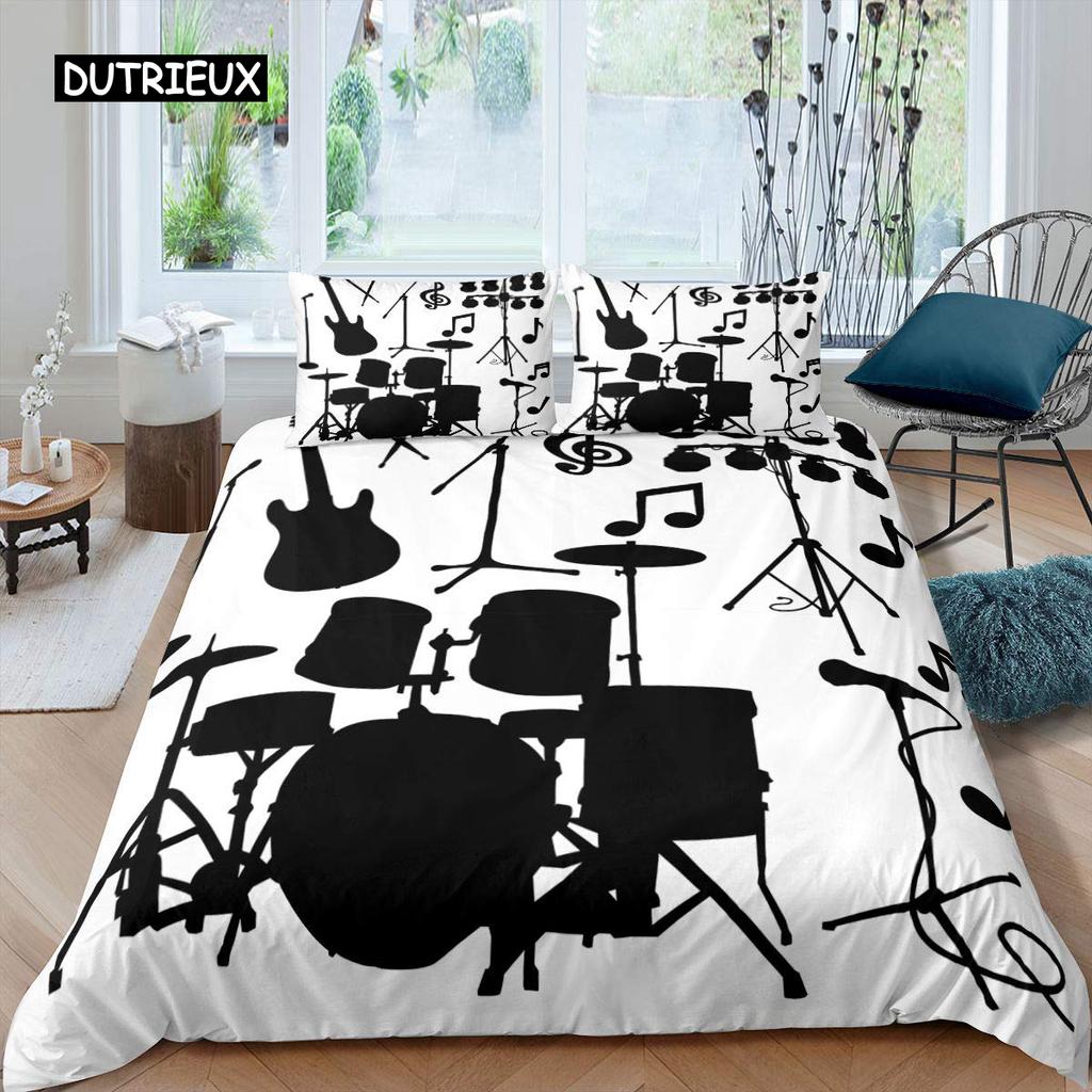 Blue Drum Kit Duvet Cover Set Microfiber Rock Roll Pop Music Twin Bedding Set Musical Instrument Glitter Lines Comforter Cover