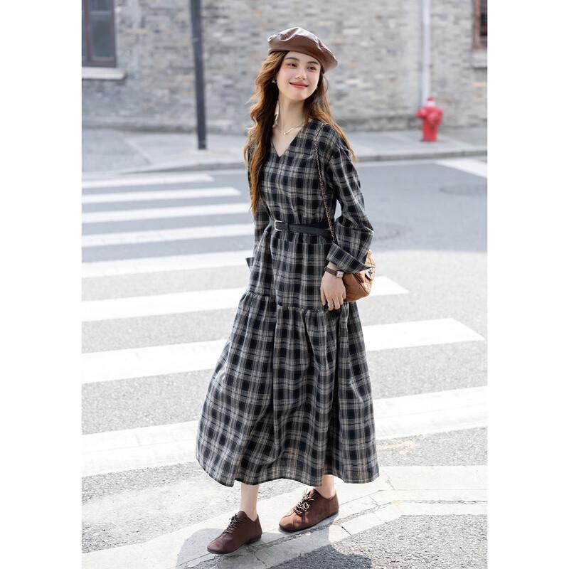 

MokaNa Vintage Plaid Long Sleeve Maxi Dress M