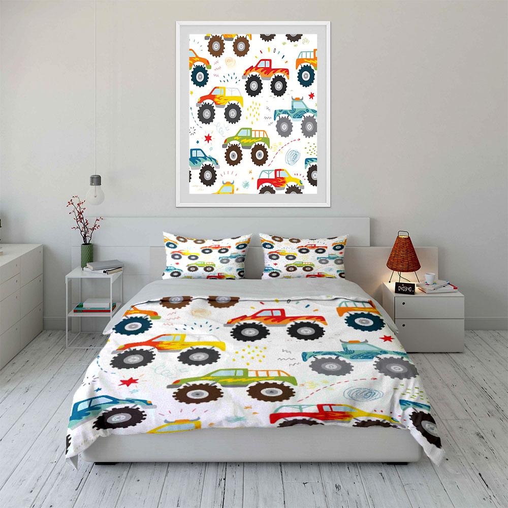 Colorful Monster Trucks Pattern Bedding Duvet Cover Set Duvet Cover Pillowcases (1*Duvet Cover 2*Pillowcases, without duvet insert)