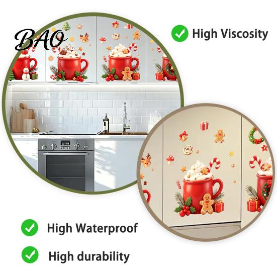 Cartoon Christmas Drink Mug Stickers 2Pcs Hot Drinks Wall for Kitchen Cabinets, Self-Adhesive Art Reusable Holiday Refrigerator Decals Decor,