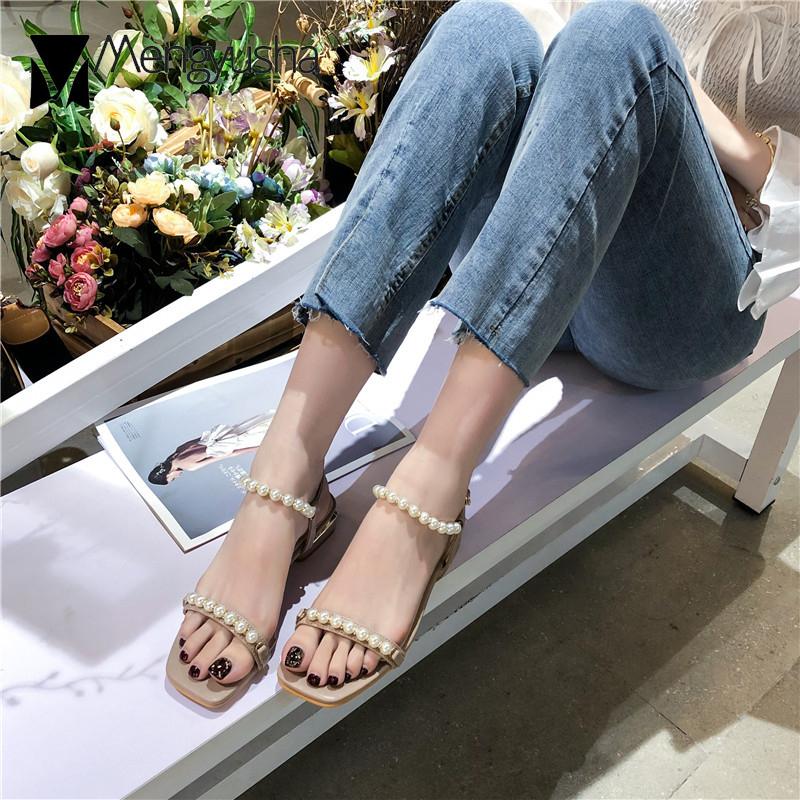 Pearl Narrow band slingback slip on gladiator sandalias woman beads metal decoration thick low heels shoes women sandals