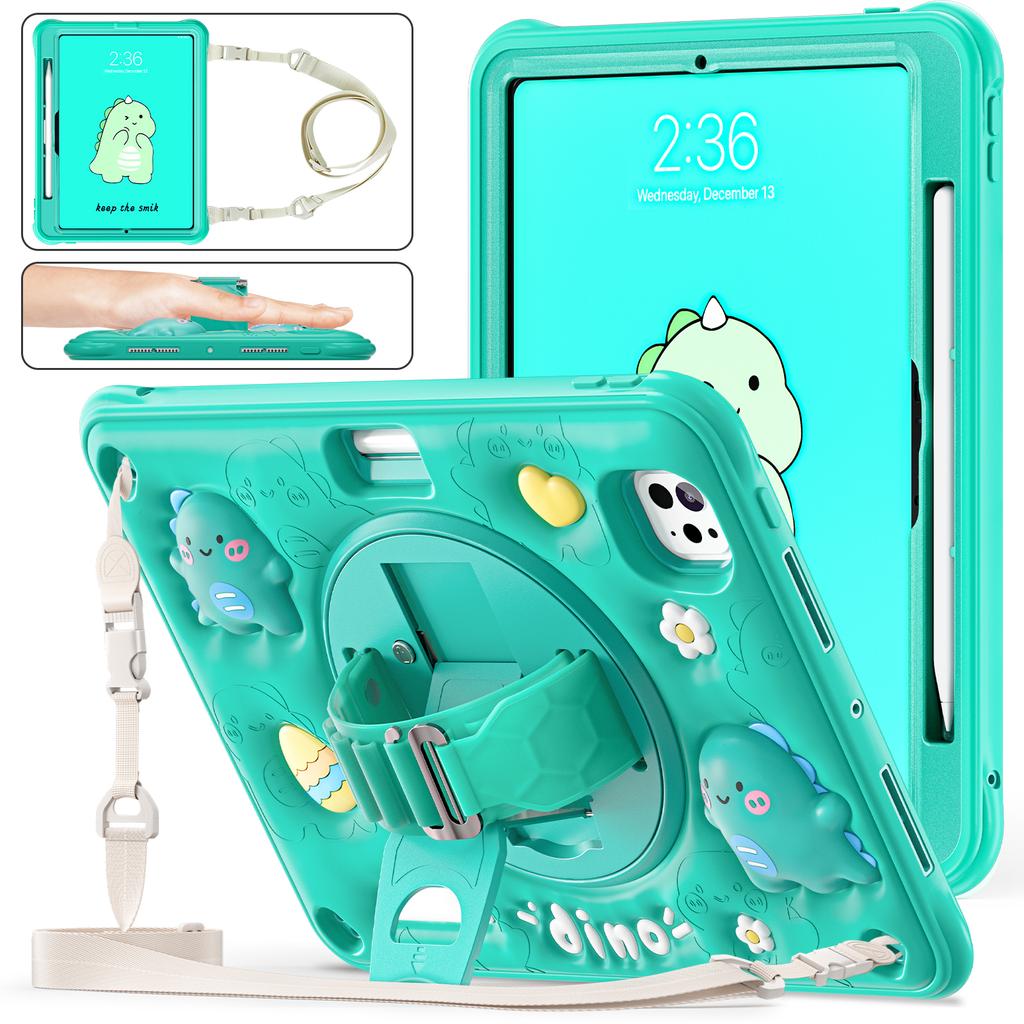 For iPad Pro 11 (2024) Case with Shoulder Strap Cartoon Dinosaur Kickstand PC+Silicone+TPU Cover