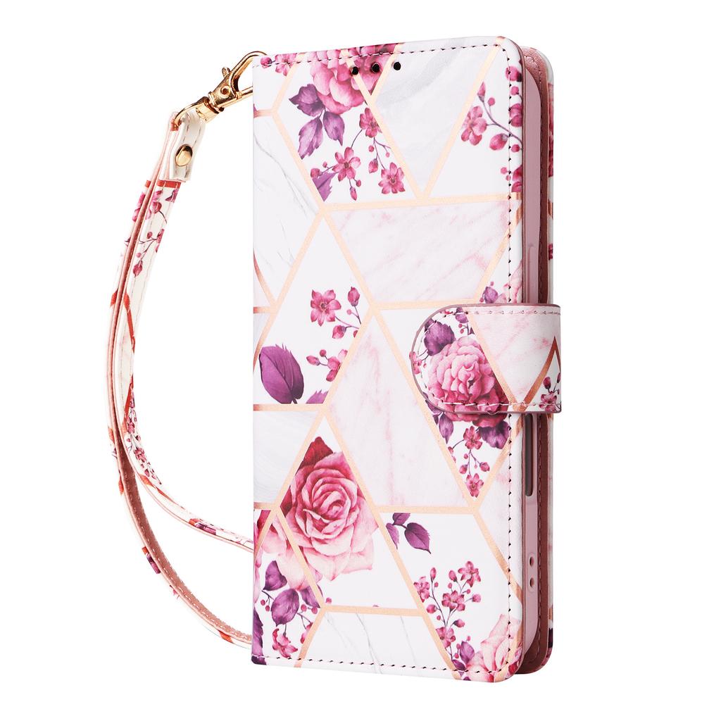 Applicable to iPhone16E mobile phone leather case 17Pro bronzing splicing marble card wallet holder portable rope