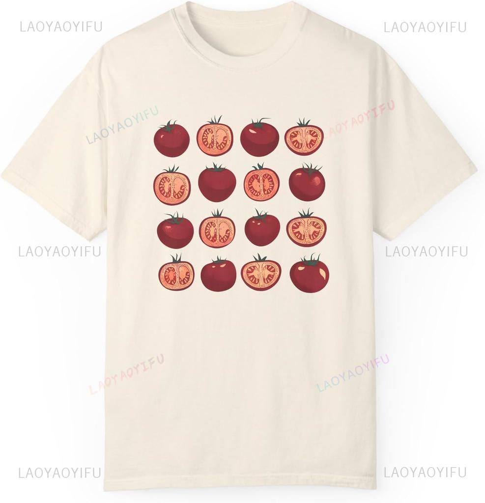 Tomato Pattern Grid Unisex GarunisextDyed TShirt Cute Garden Foodie Tee Fruit Vegetable For Vegan Farmers Market Cotton Clothes