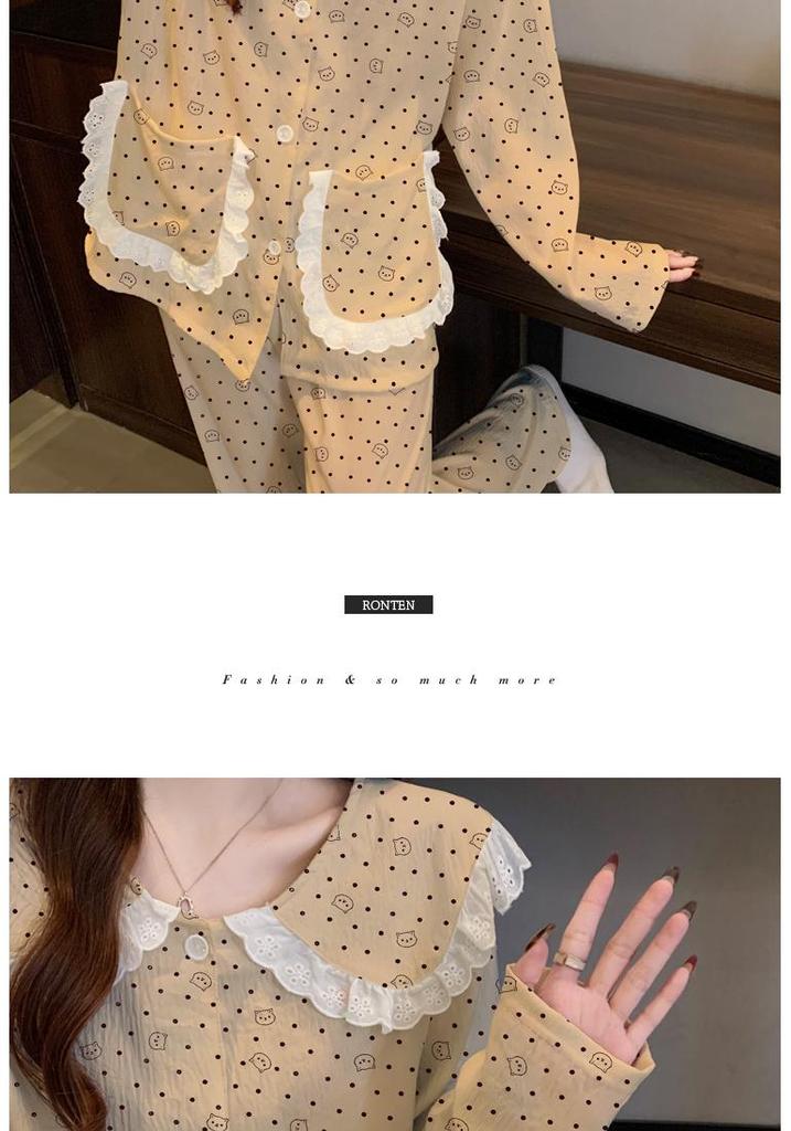Pigiama in Cotone a Nuvole Pois - Set da Donna a Manica Lunga con Collo da Bambola per Primavera e Autunno