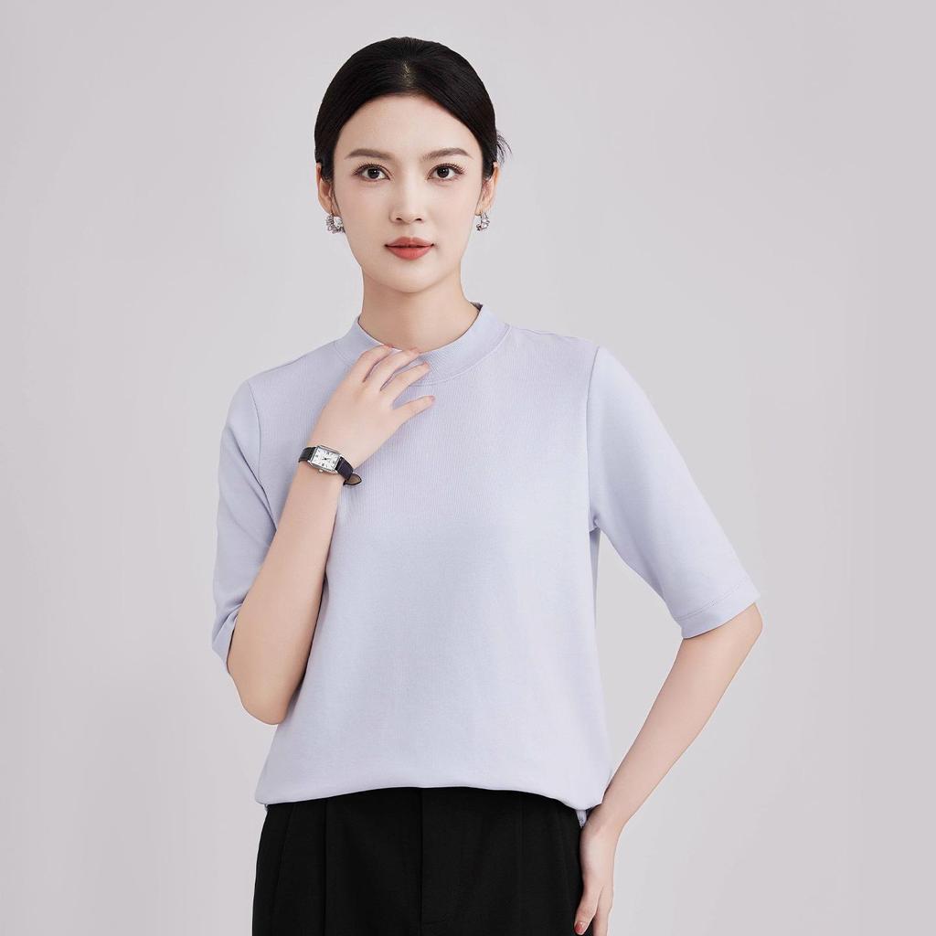 High-End Women's Ribbed Crew Neck Mid-Sleeve T-Shirt