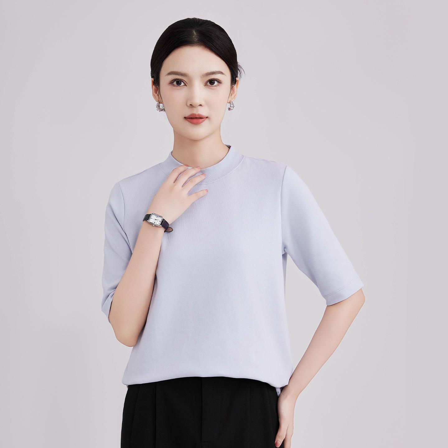 

High-End Women s Ribbed Crew Neck Mid-Sleeve T-Shirt Large небо/серый