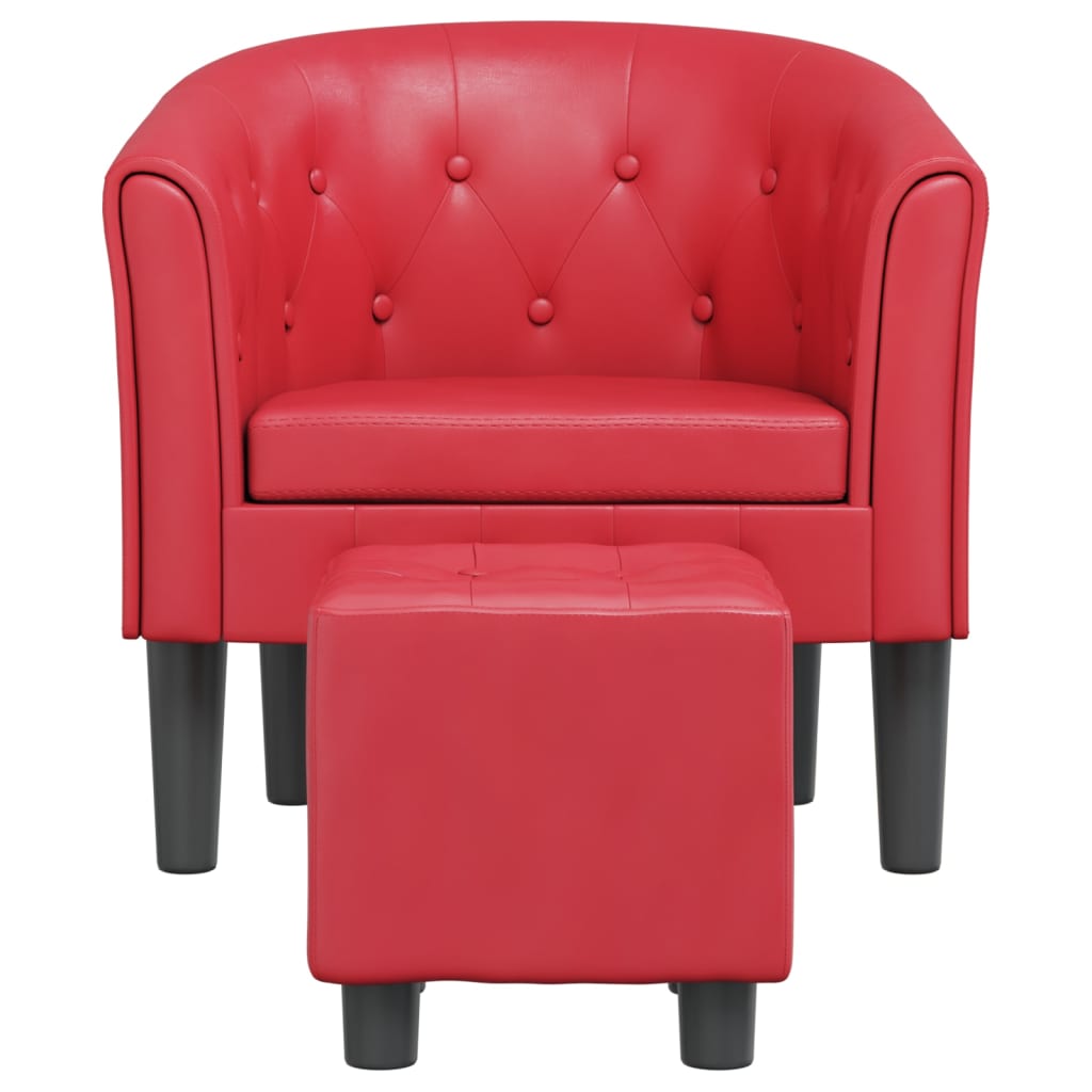 Club Armchair with Footstool Red Faux Leather