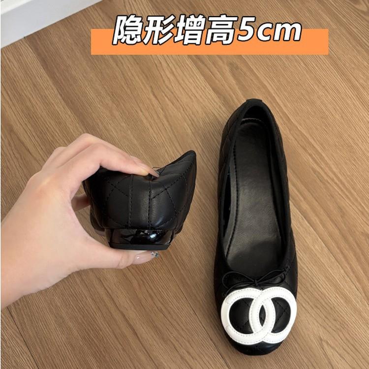 Sheepskin Model~ Genuine Leather Small Fragrance Inner Height Increase 5cm Shallow Mouth Single Shoes Retro Bow Ballet Shoes Female Grandma Shoes
