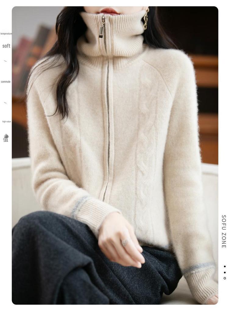 Women's High Neck Retro Cable Knit Cardigan Coat: Double Zipper, Color Block, Loose Fit, Raglan Sleeve, Thickened Knit for Autumn/Winter