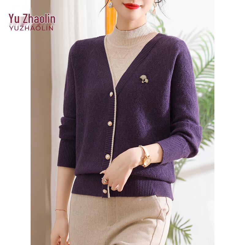 YUZHAOLIN Faux Two-Piece Fleece-Lined Knitted Cardigan for Women