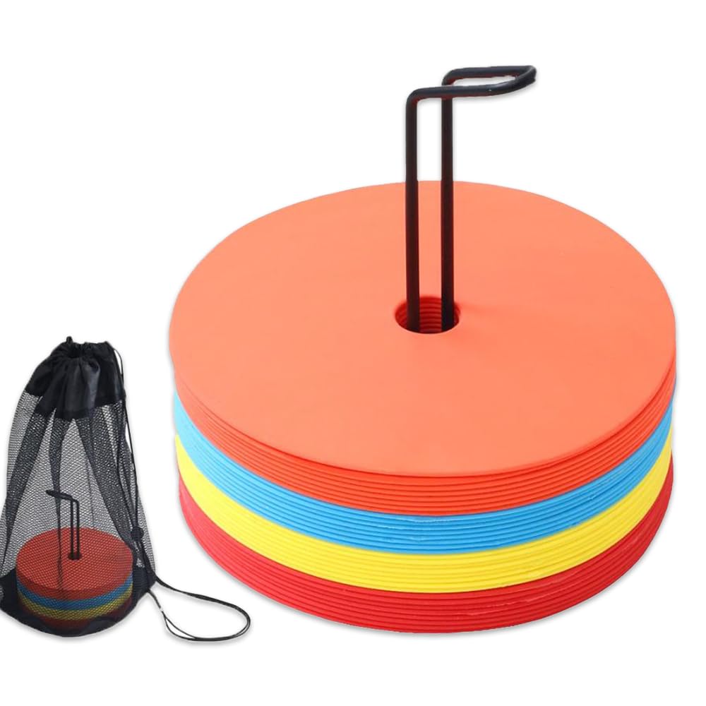 

HIRAISM Flat Marker Cones for Soccer and Futsal Practice, Stand, and Storage Bag (Set of 16)