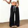 Womens Suede Wide Leg Pants Elastic Waist Loose Fit Trousers Drawstring Waistband with Pockets Casual Style Long Pants