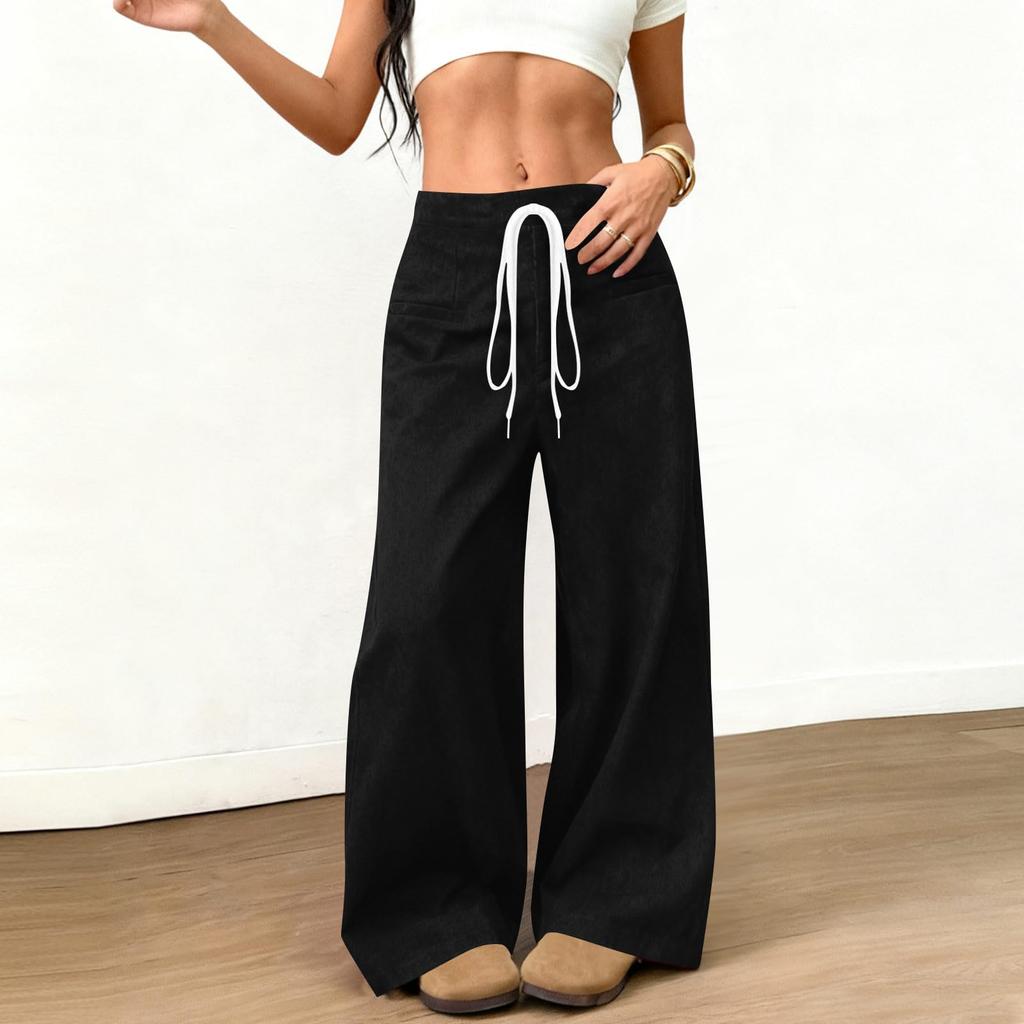 Womens Suede Wide Leg Pants Elastic Waist Loose Fit Trousers Drawstring Waistband with Pockets Casual Style Long Pants