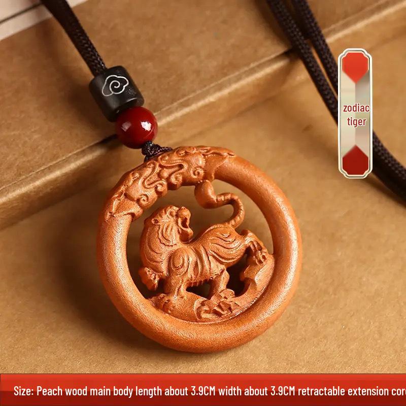 Peach Wood Zodiac Keychains: Year of the Dragon Pendant with Rat, Ox, Tiger Carvings - Carry-on Ornament Gift