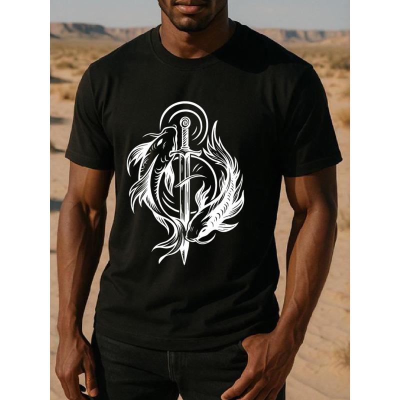 European Size Mysterious Power Symmetrical Sword and Feather Flame Totem Men's Printed Short-sleeved Shirt, Casual Commuting Printed Shirt