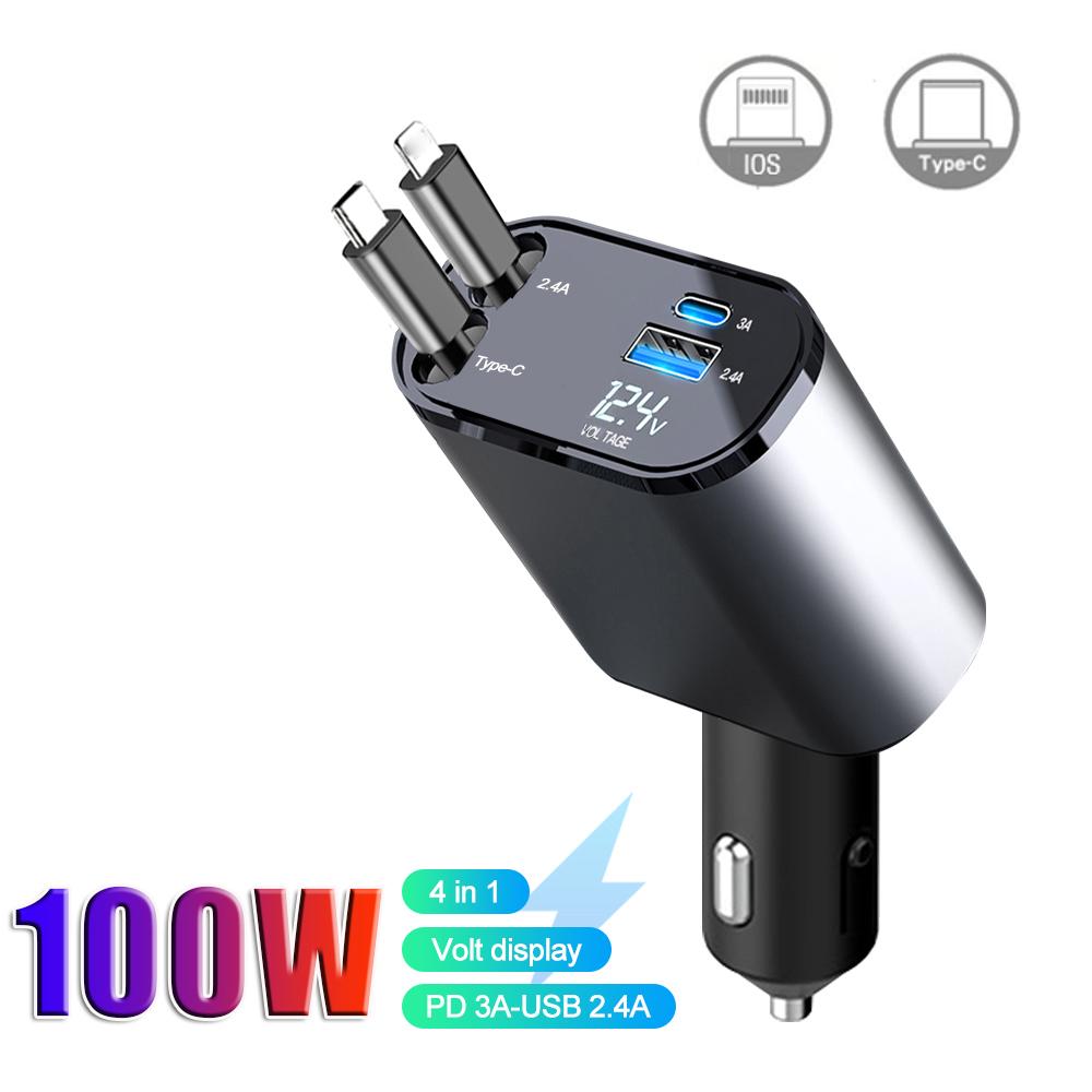 100W PD+USB Quick Charger With 2 Retractable Cables Type C Fast Car Phone Charger Voltmeter 4 in 1 Power Adapter For IPhone IPad