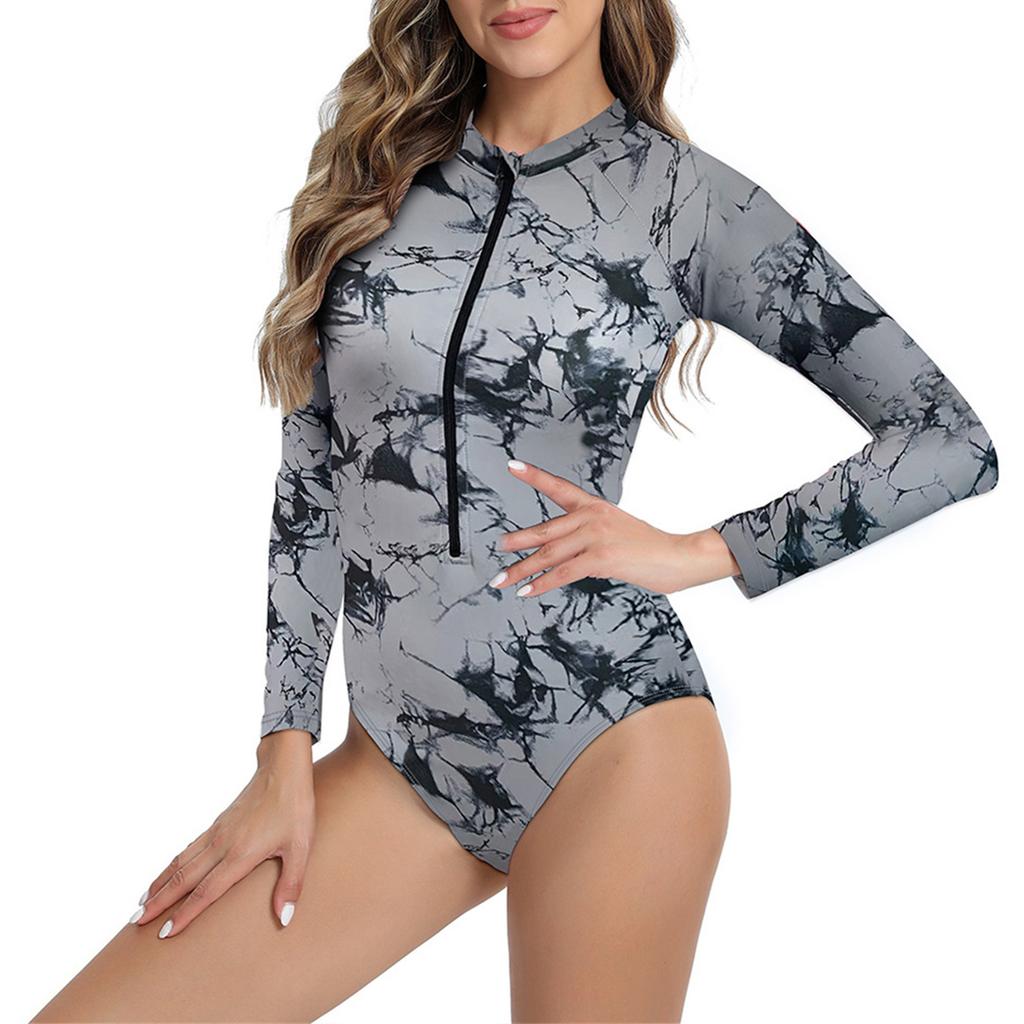 Long Sleeve One Piece Swimsuit for Women Floral Print Rash Guard Front Zipper Bathing Suit Surfing Swimwear UV Protection