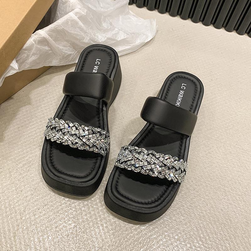 

Premium sense silver rhinestone cool slippers women s 2025 summer new thick bottom heightening square head versatile one-word sandals batch 40 чёрный