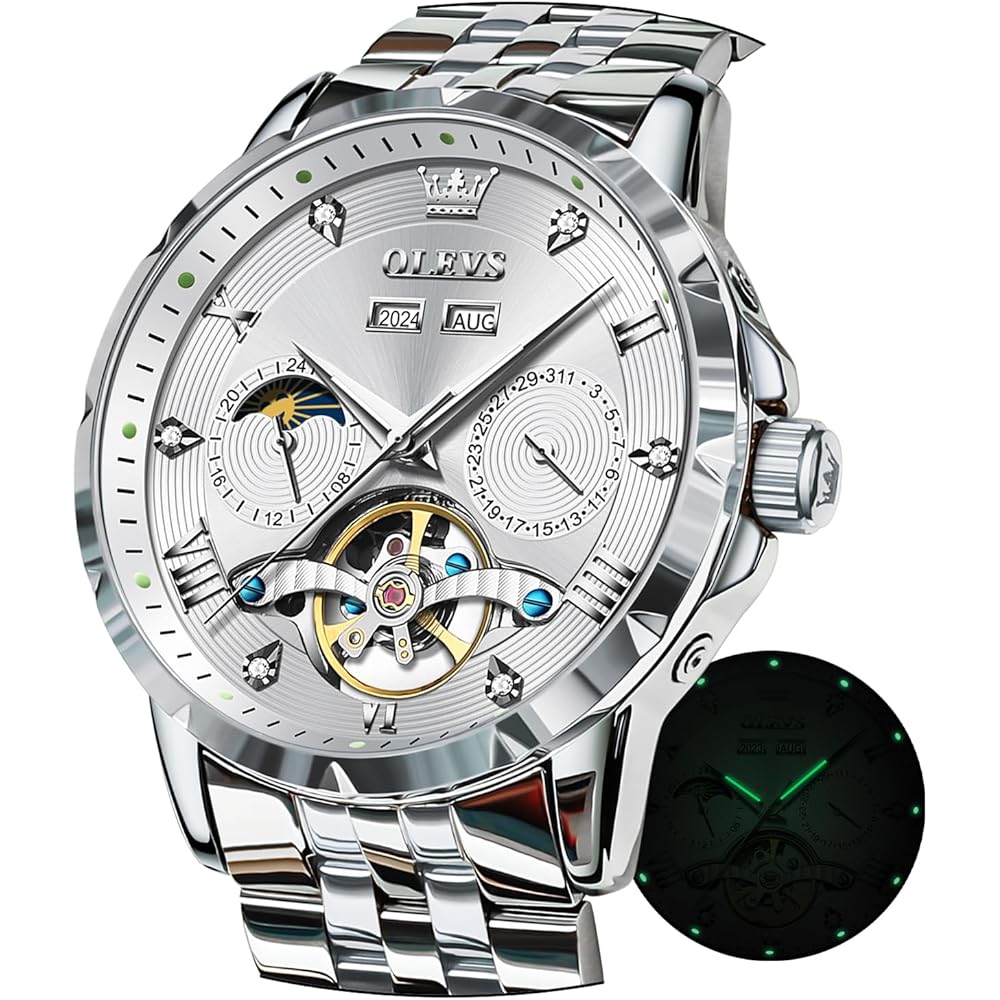 OLEVS Men s Automatic Mechanical Watch Moon Phase Skeleton Waterproof Luminous White