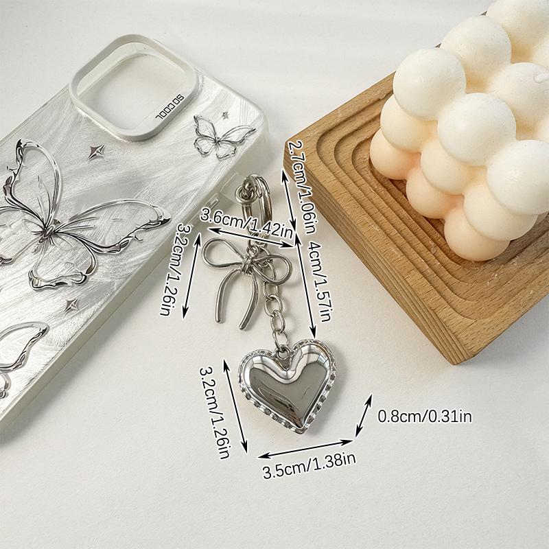 Ins Style Silver Heart Key Chain Alloy Bowknot Phone Pendant Headphone Case Charm Car Key Ring Bag Decor