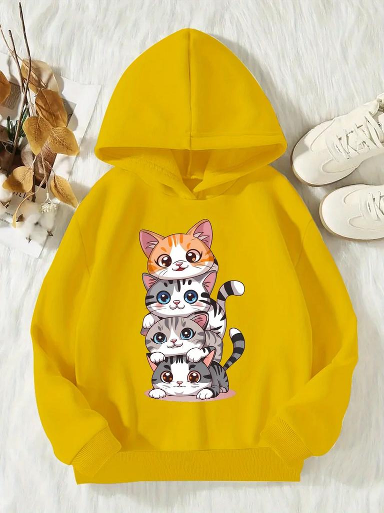 Entzückende Stapelkatzen Kinder Kapuzenpullover Bunte Cartoon-Kätzchen-Familie Grafik Herbst Winter Fleece Weich Kinder Mode Kapuzenpullover