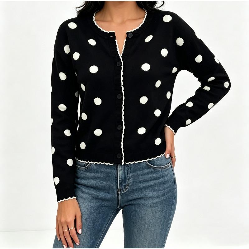 Gepunkteter Strickcardigan Damen Frühling und Herbst Rundhalsausschnitt mit Schwarzpilz-Rand Langarm Pullover Jacke Oberteil
