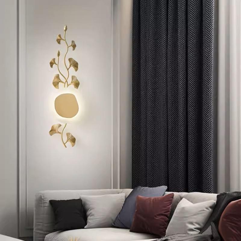 Modern Art All Copper Marble Wall Lamp Bedroom Wall Lamp Living Room Background Wall Decoration Ginkgo Leaf Lighting