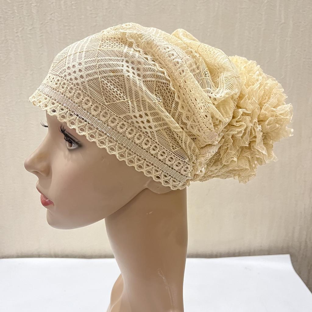 Lace Hijab Flower Headband Full Cover Bottom Hat Chemo Cap Muslim Fashion