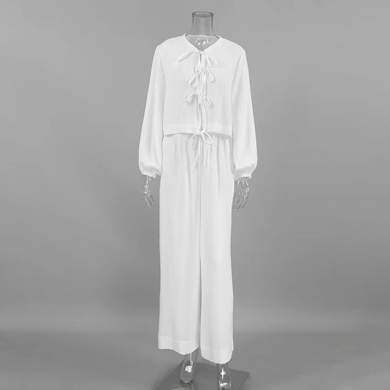 

Western Style Loose and Comfortable Fashion Long sleeve Top Trousers Set Lace up Top and Pants Set White S