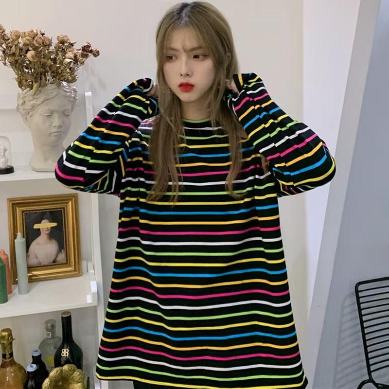 

весна осень корейская девушка зеленая полосатая футболка повседневные свободные футболки женские длинные рукава студенческие топы одежда y2k XXL