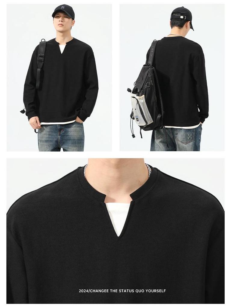 Men's American Two-Piece Style Long-Sleeve V-Neck Hoodie, Retro Casual Loose Fit, Autumn 2025 Trend
