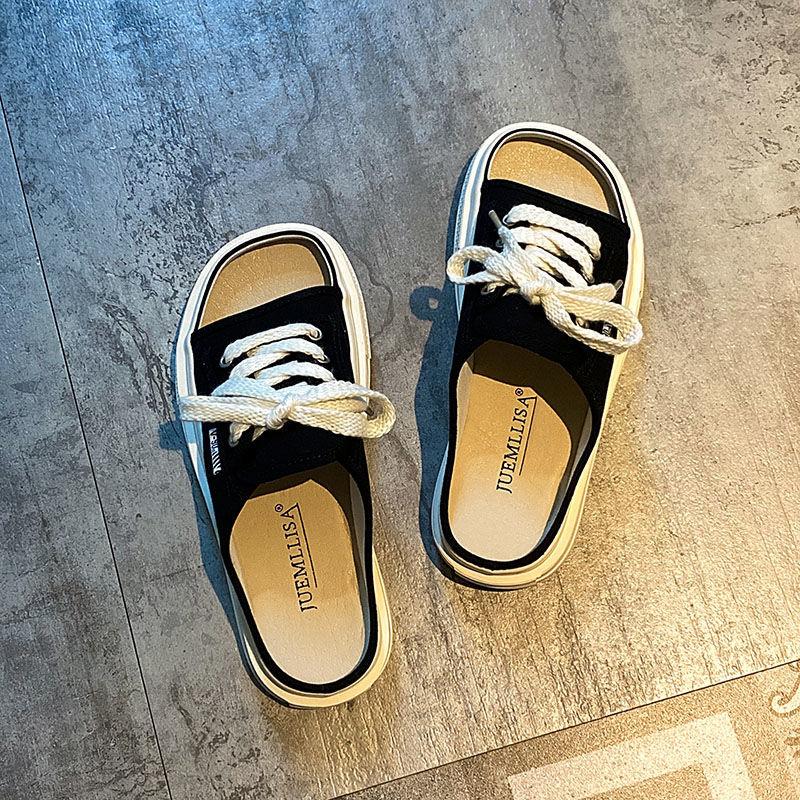 Open Toe Sandals With Strap Woman Slippers Outside Soft Canvas Shoes for Women Thick Slides New Collection Casual Vip Style Shoe