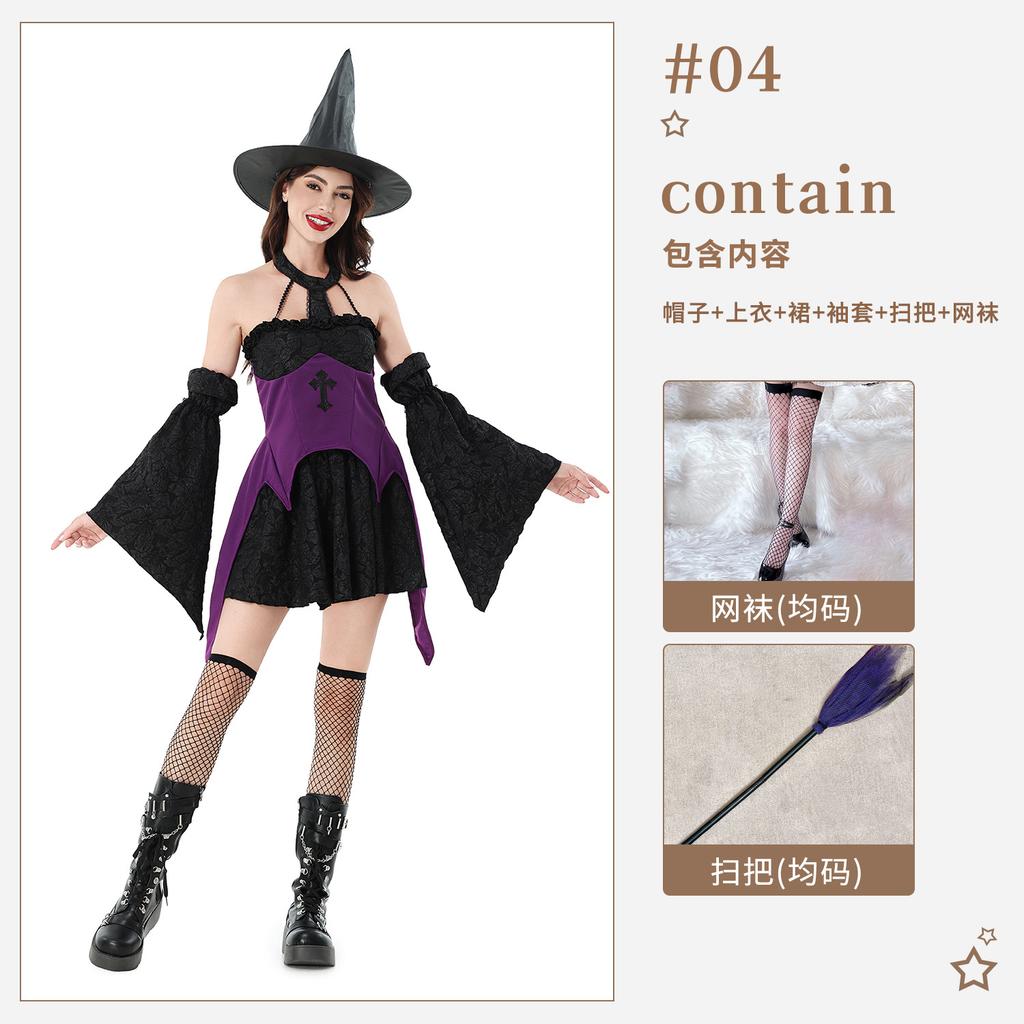 Halloween costume magic witch costume dark goth cross witch hat carnival costume dress