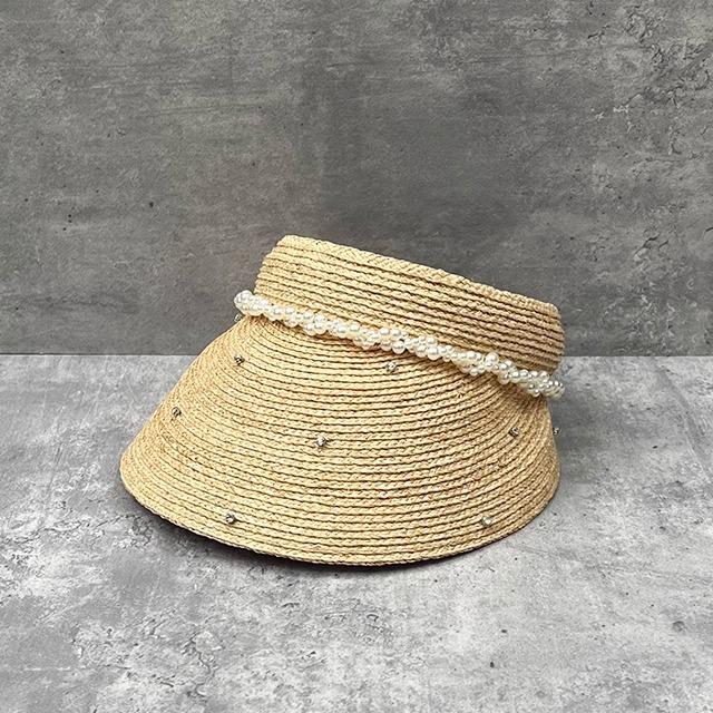 25 Spring And Summer Raffia Roofless Straw Hat Women'S Light Luxury Rhinestone Pearl Empty Top Hat Breathable Sun Hat Design Sense