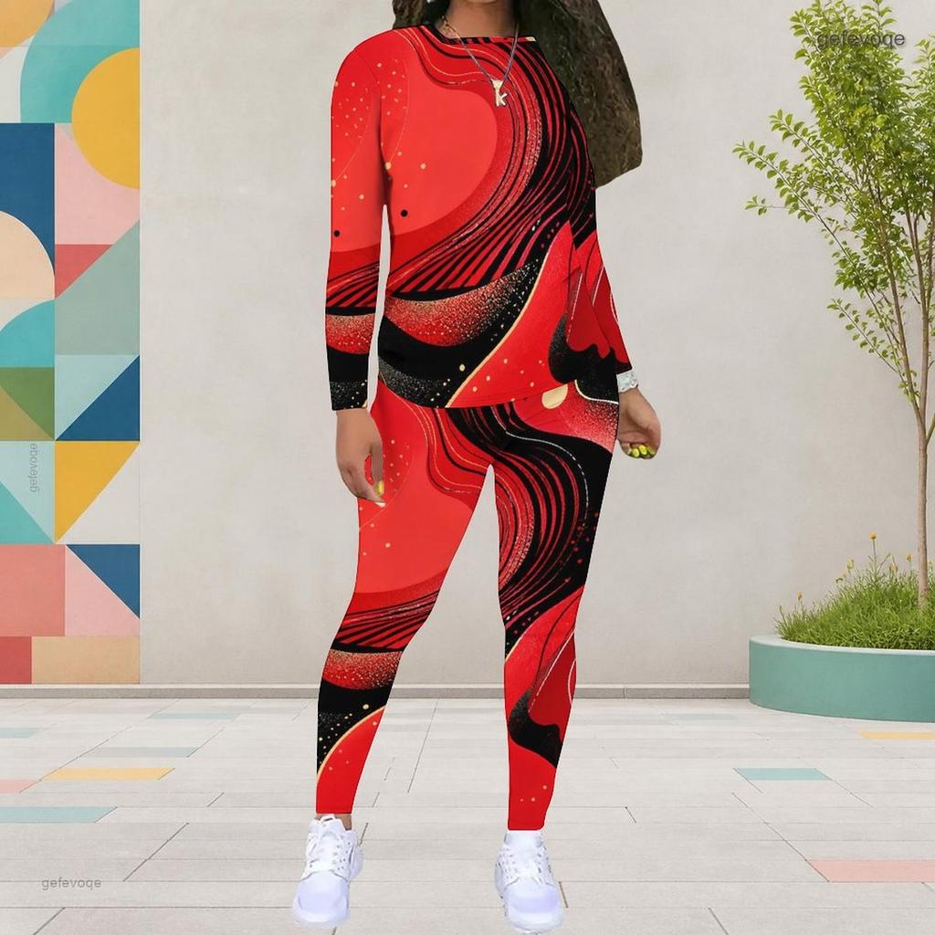 Women Plus Size Round Neck Long Sleeve Red Black Printed Fitted Pants Two Piece Set