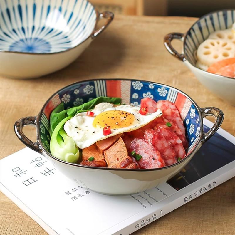 1PC Japanese Style Double-handle Soup Bowl Ceramic Noodle Bowl Kitchen Tableware Pasta Salad Bowl Home Microwave Oven Bakware