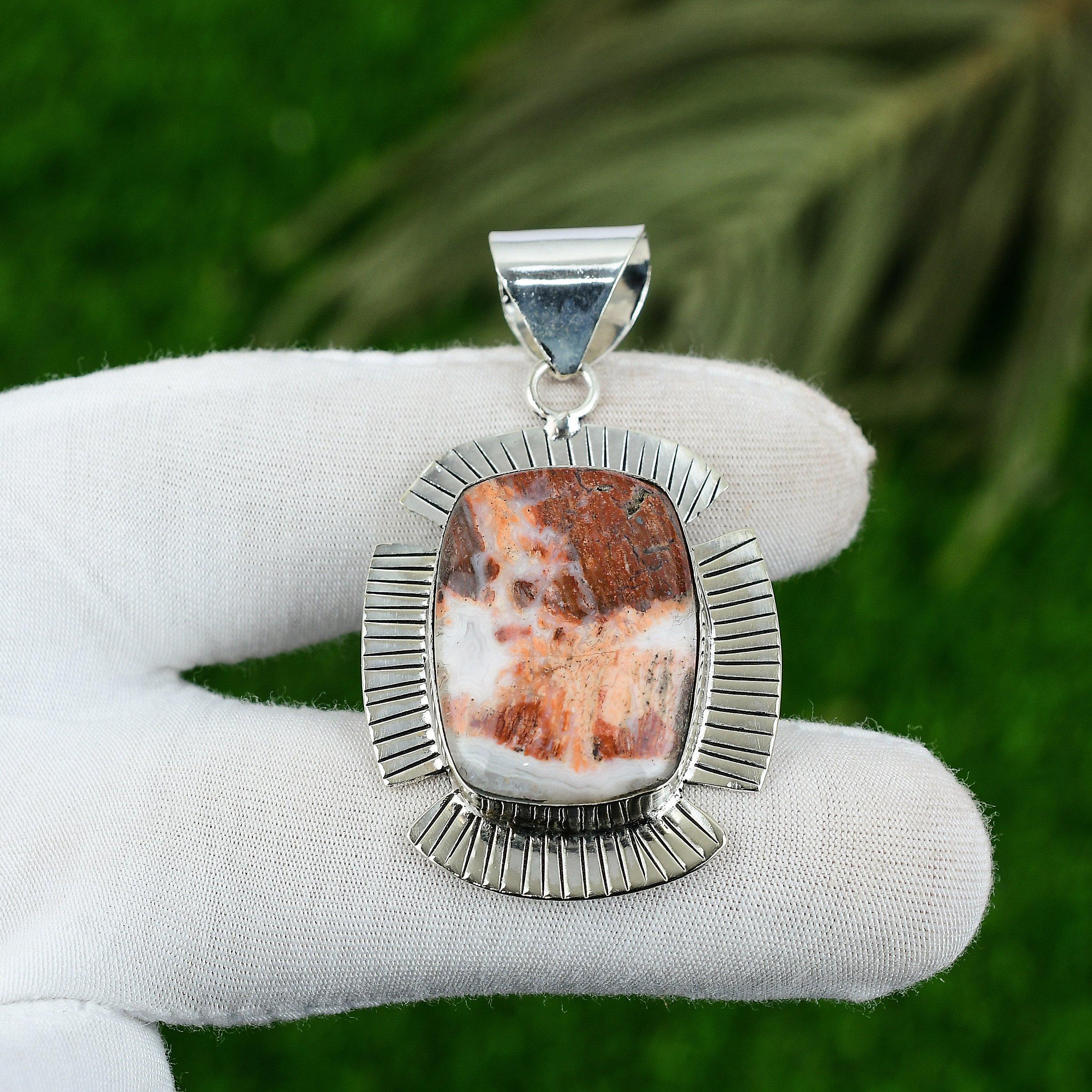 Daughters Day Sale Red Snakeskin Jasper Stone Wife Boho Pendant Sterling Silver