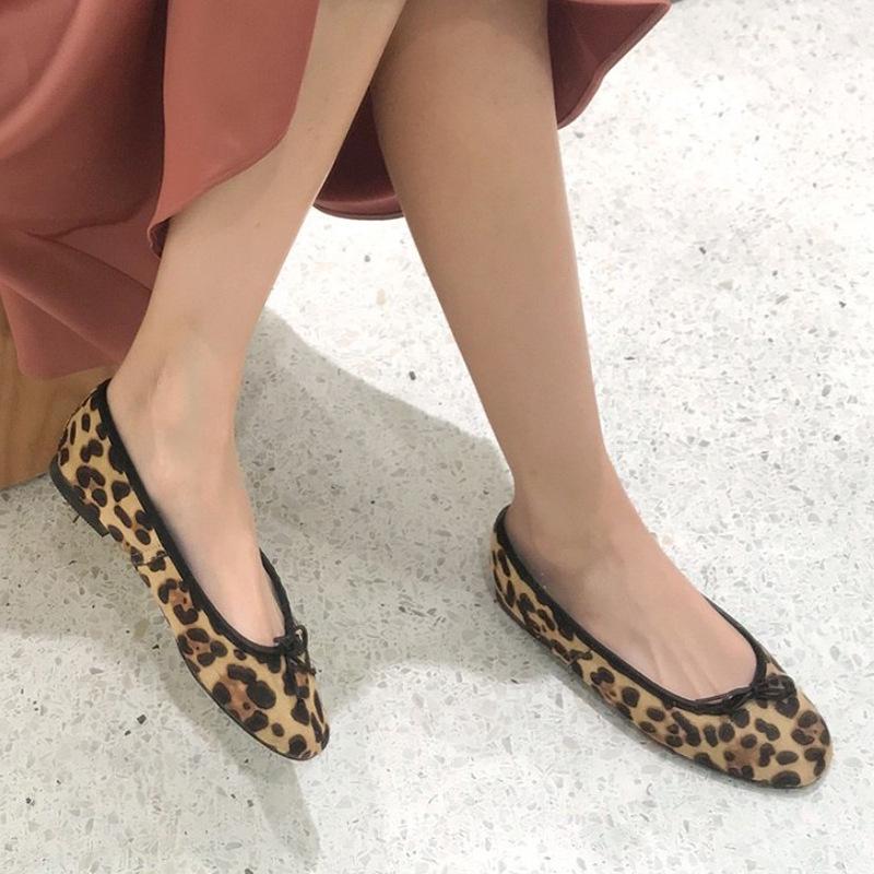 New leopard print flat-soled single shoes fashionable round head light mouth leopard print bow casual women's shoes